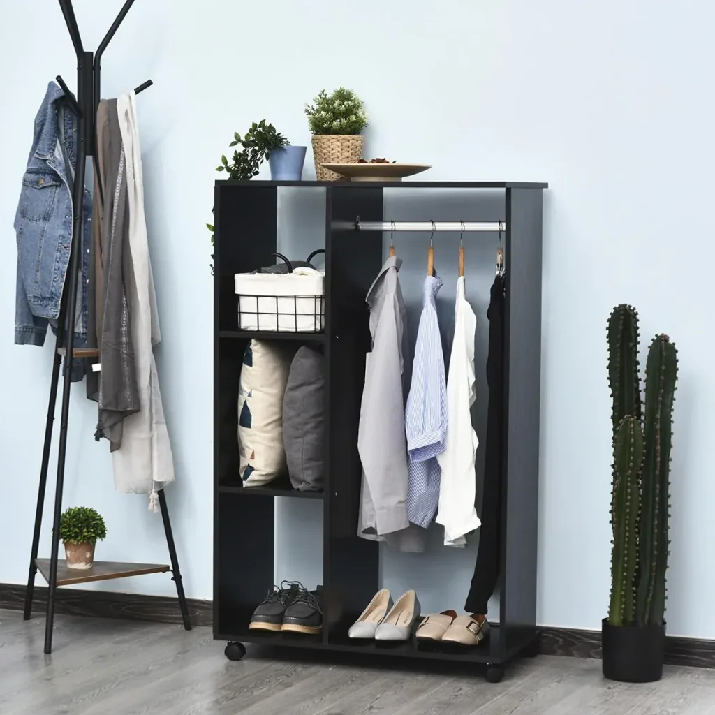 Kleiderschrank offener Dielenschrank, mit Kleiderstangen und Räder, für Schlafzimmer, E1 Spanplatte, Aluminium, 80x40x12