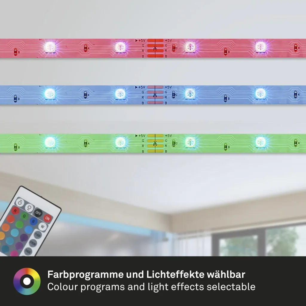 USB RGB-LED Flexband, 5 m, 150 RGB-LEDs, inkl.Fernbedienung, Farbwechsel, selbstklebend