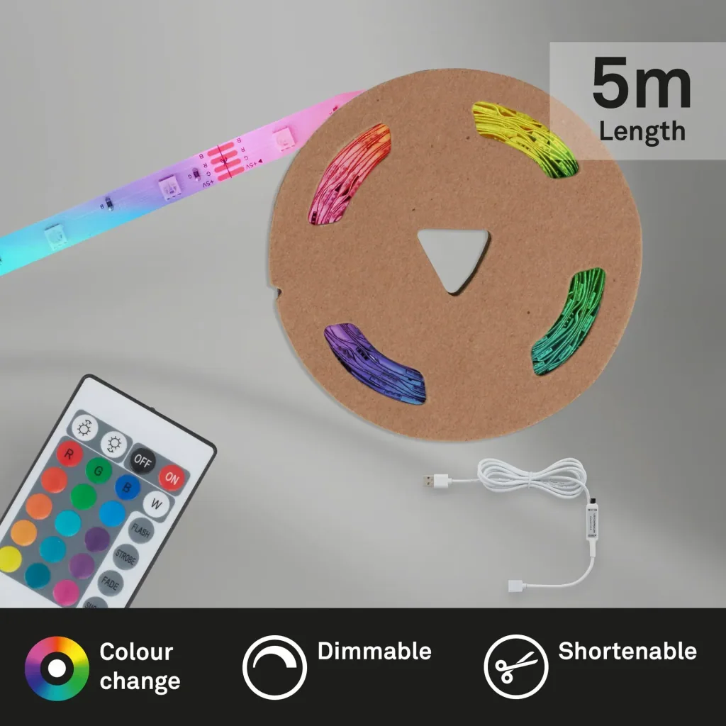 USB RGB-LED Flexband, 5 m, 150 RGB-LEDs, inkl.Fernbedienung, Farbwechsel, selbstklebend