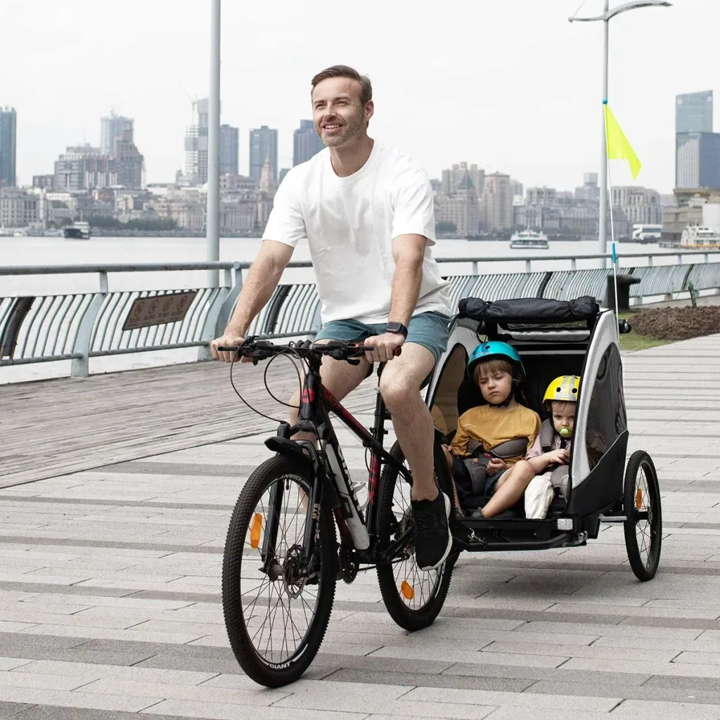 3 in 1 Kinderanhänger Aluminium Kinder Jogger Fahrradanhänger Radanhänger für 2 kinder mit Fahne Weiß+Schwarz