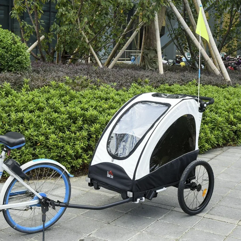 3 in 1 Kinderanhänger Aluminium Kinder Jogger Fahrradanhänger Radanhänger für 2 kinder mit Fahne Weiß+Schwarz