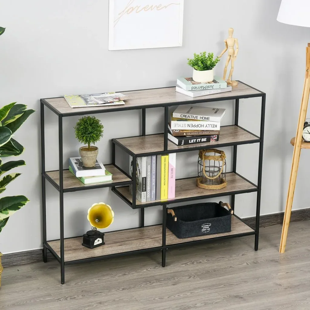 Standregal, Bücherregal Lagerregal Industrieller Stil, Aktenregal, Küchenregal, P2 Spanplatte, Metall, Schwarz+helle Eic