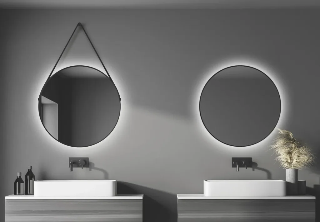 Dekorativer runder Wandspiegel mit indirekter LED Beleuchtung in schwarz matt Ø 80 cm