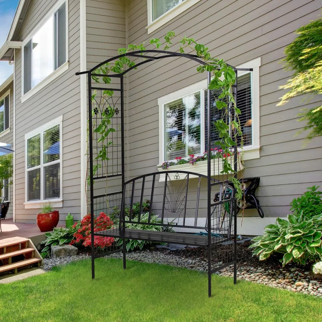 Pflanzbogen mit Bank Sitzbank Torbogen Rankgitter Rankhilfe Garten Bogendach Metall Schwarz 152 x 58 x 207 cm