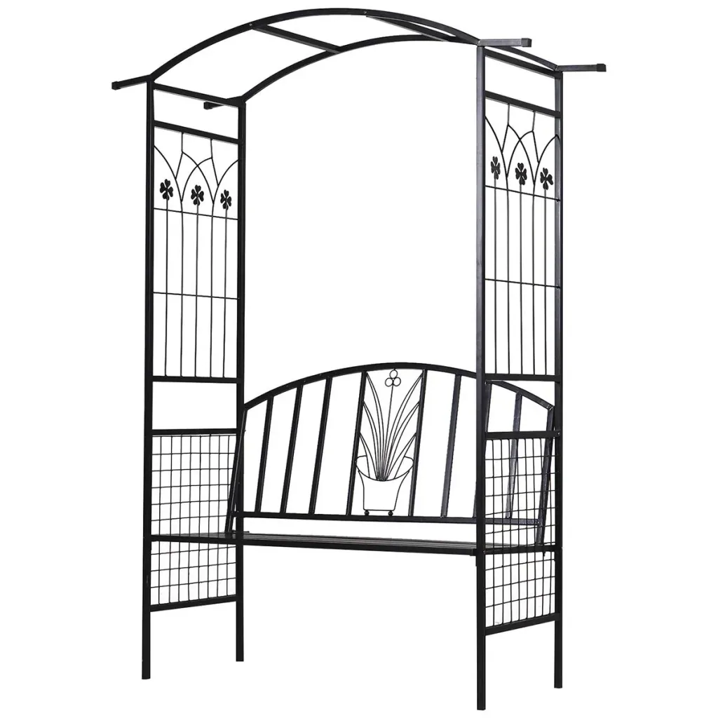Pflanzbogen mit Bank Sitzbank Torbogen Rankgitter Rankhilfe Garten Bogendach Metall Schwarz 152 x 58 x 207 cm