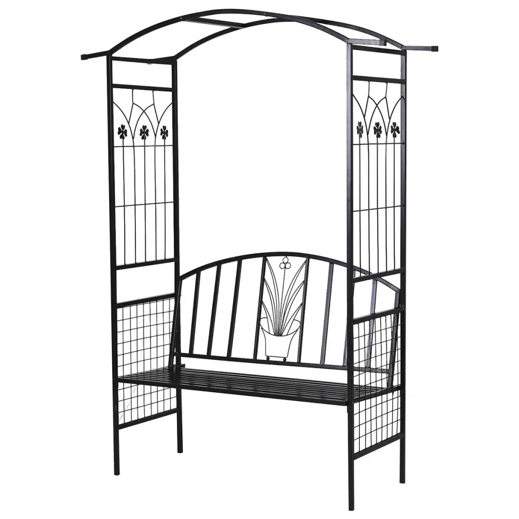 Pflanzbogen mit Bank Sitzbank Torbogen Rankgitter Rankhilfe Garten Bogendach Metall Schwarz 152 x 58 x 207 cm