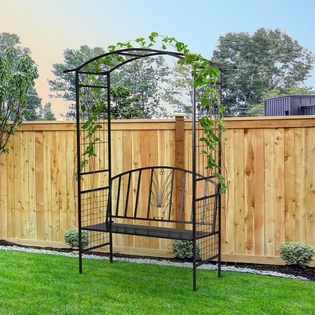 Pflanzbogen mit Bank Sitzbank Torbogen Rankgitter Rankhilfe Garten Bogendach Metall Schwarz 152 x 58 x 207 cm