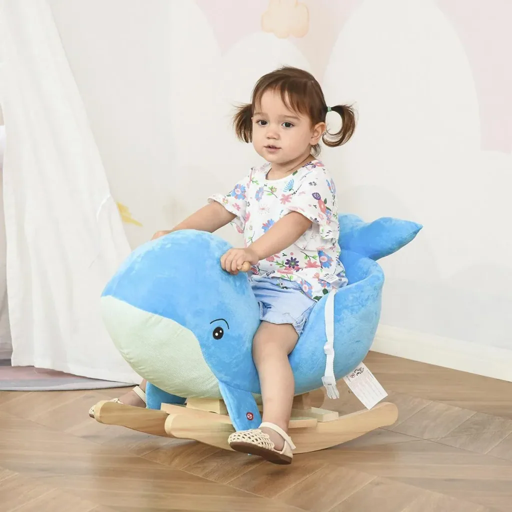 Schaukelpferd mit Wal-Design Sound Plüsch Schaukeltier Babyschaukel Spielzeug für 18-36 Monaten Kinder Pappelholz Blau 6