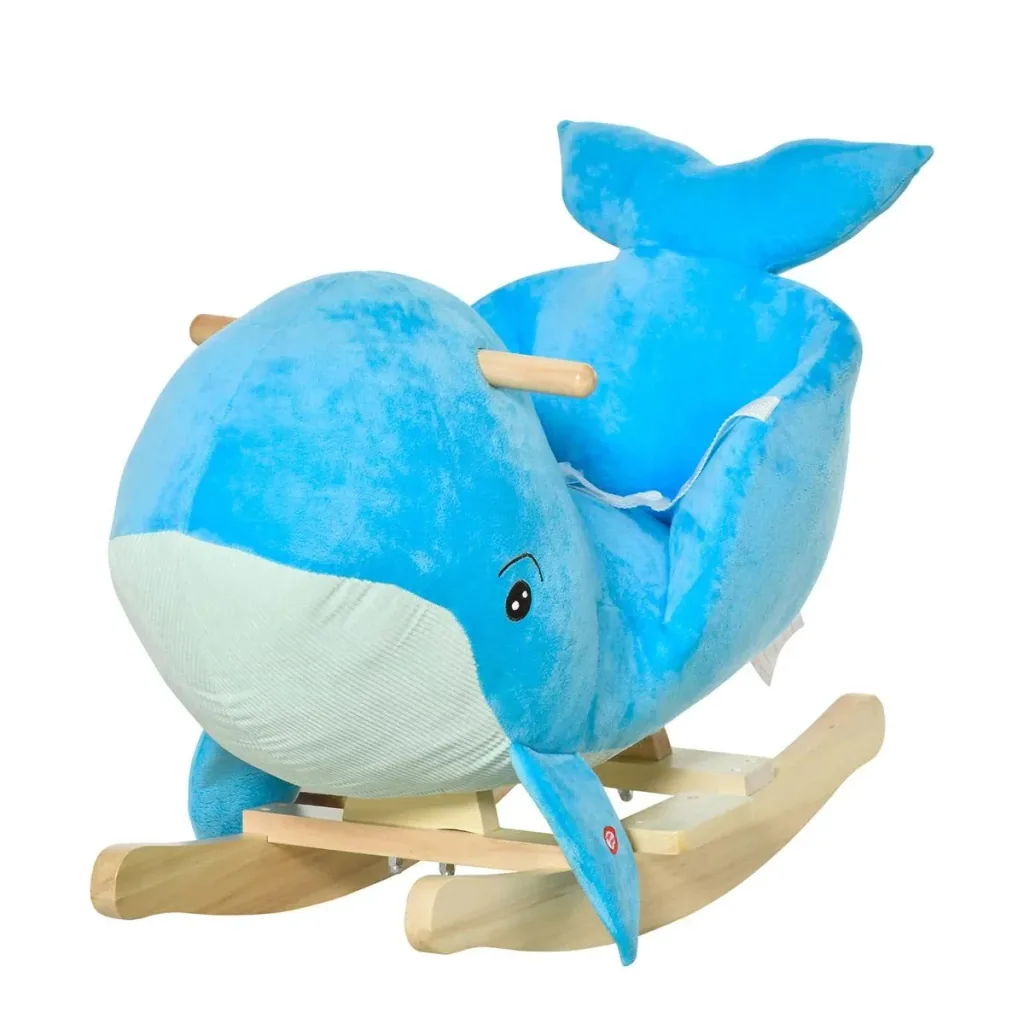 Schaukelpferd mit Wal-Design Sound Plüsch Schaukeltier Babyschaukel Spielzeug für 18-36 Monaten Kinder Pappelholz Blau 6