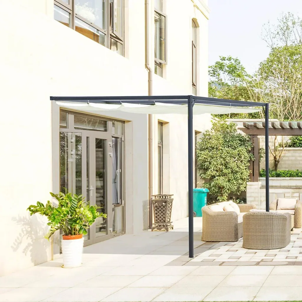 Pergola Pavillon 3 x 3 m mit Stoffdach wetterfest Wandmontage Metall Polyester Creme Weiß