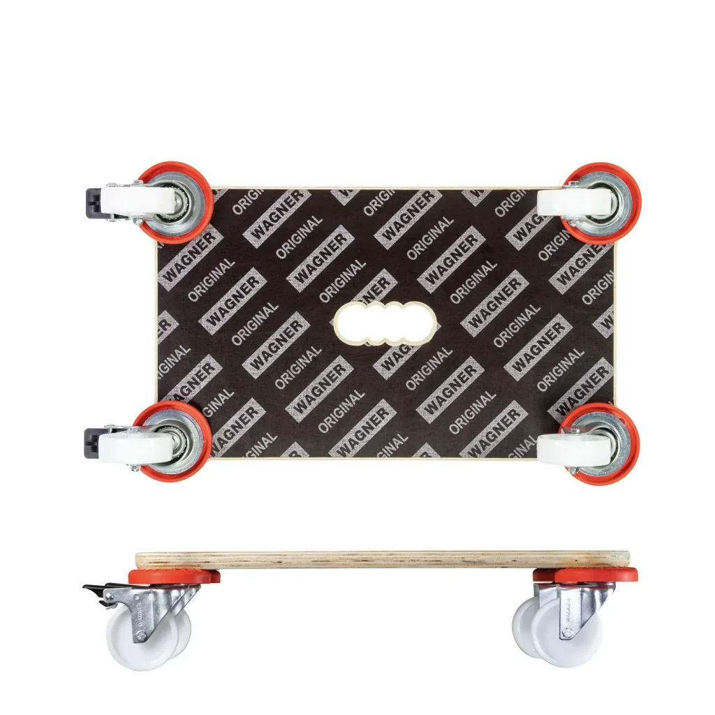 Transporthilfe MM 1360 , 52 x 32 x 12,5 cm, harte Rollen Ø 75 mm, Gleitlager, 2 Bremsen, Platte FSC®, Tragkraft 200 kg