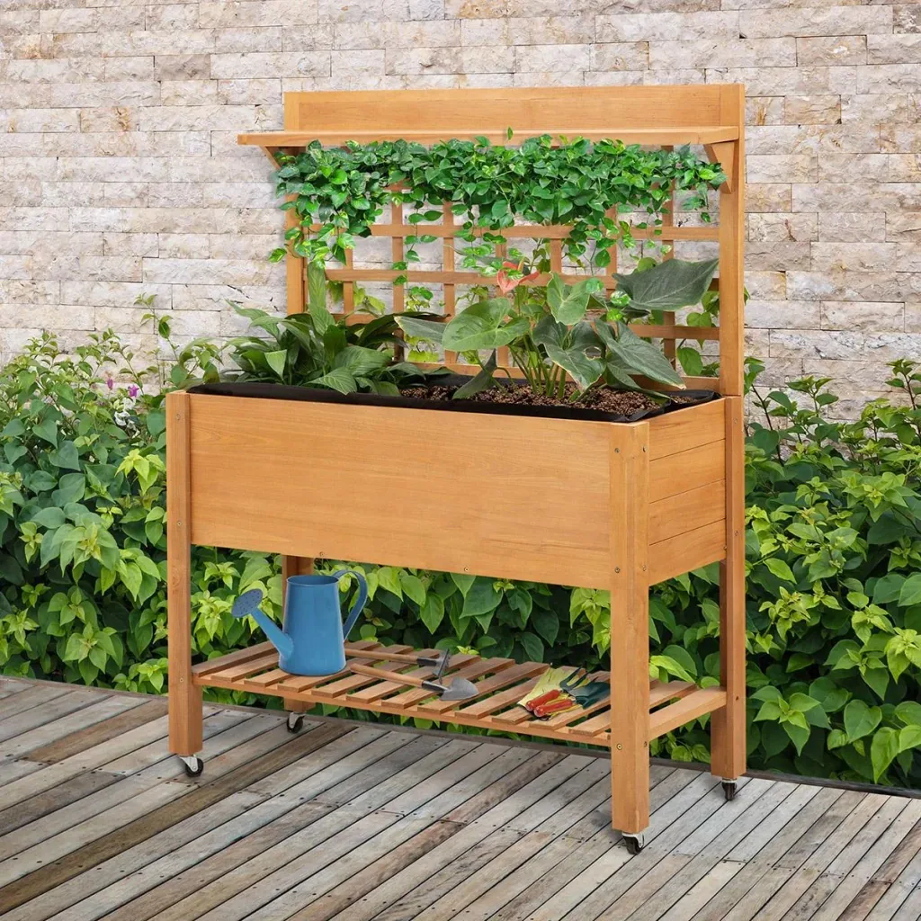Hochbeet Pflanztisch Blumentisch Arbeitstisch Gärtnertisch Gewächshaus Holzpflanztisch für Garten Balkon, 105 x 45 x 135