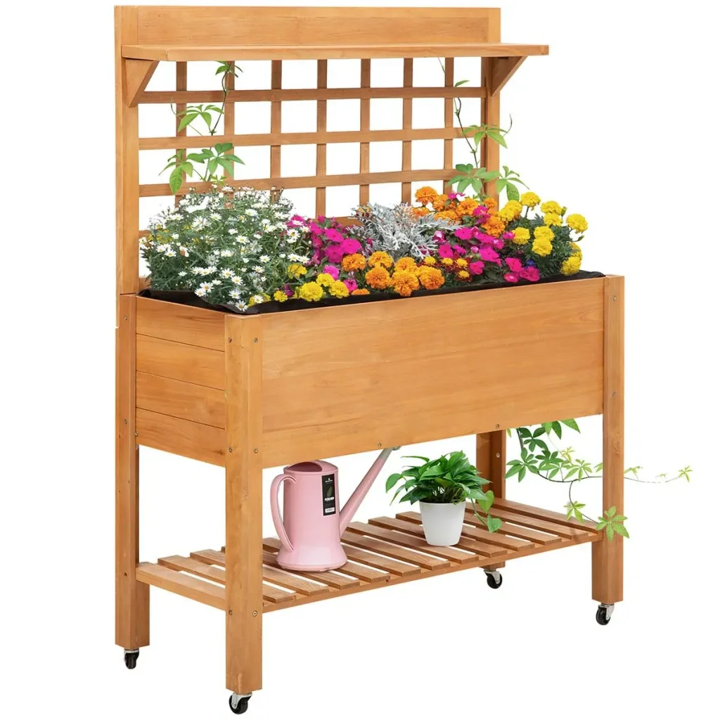 Hochbeet Pflanztisch Blumentisch Arbeitstisch Gärtnertisch Gewächshaus Holzpflanztisch für Garten Balkon, 105 x 45 x 135