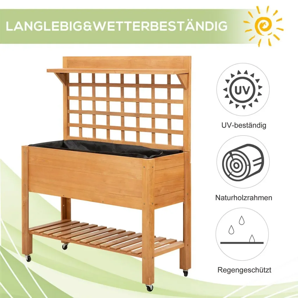 Hochbeet Pflanztisch Blumentisch Arbeitstisch Gärtnertisch Gewächshaus Holzpflanztisch für Garten Balkon, 105 x 45 x 135