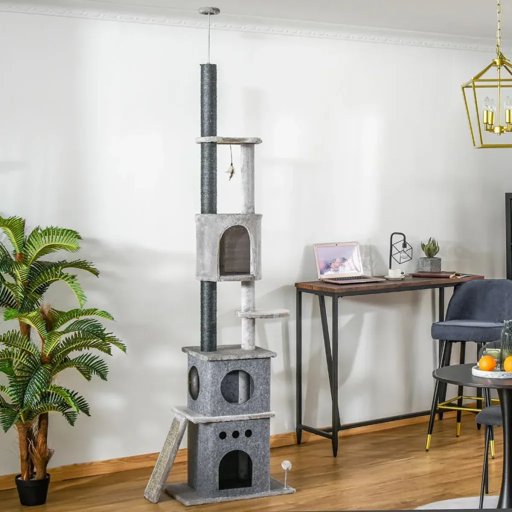 Kratzbaum Katzenbaum Deckenhoch Kletterbaum mit Katzenspielzeug Sisal Plüsch Hellgrau höhenverstellbar 60 x 40 x 225-255