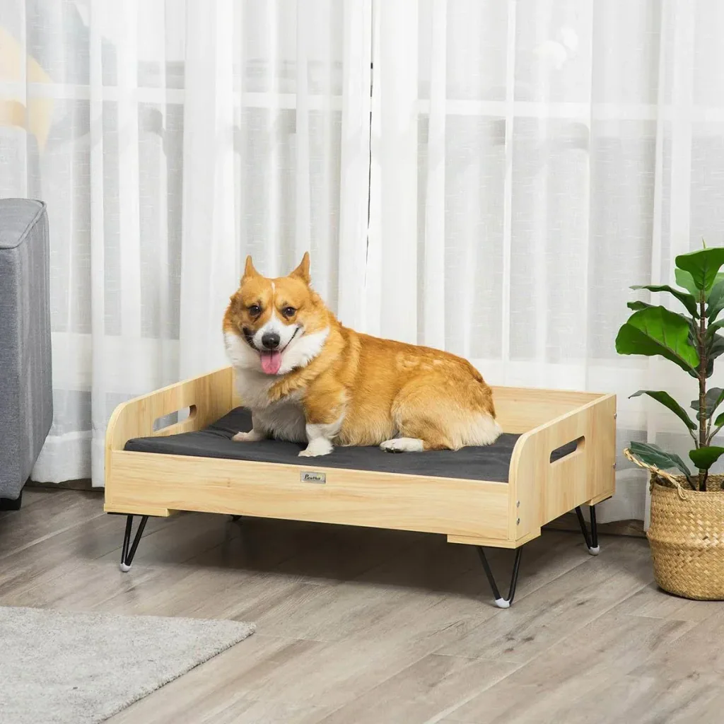 Hundehochbett mit Schutzrand und Transportgriffen, Eiche+Schwarz, 82 x 56 x 31,5 cm