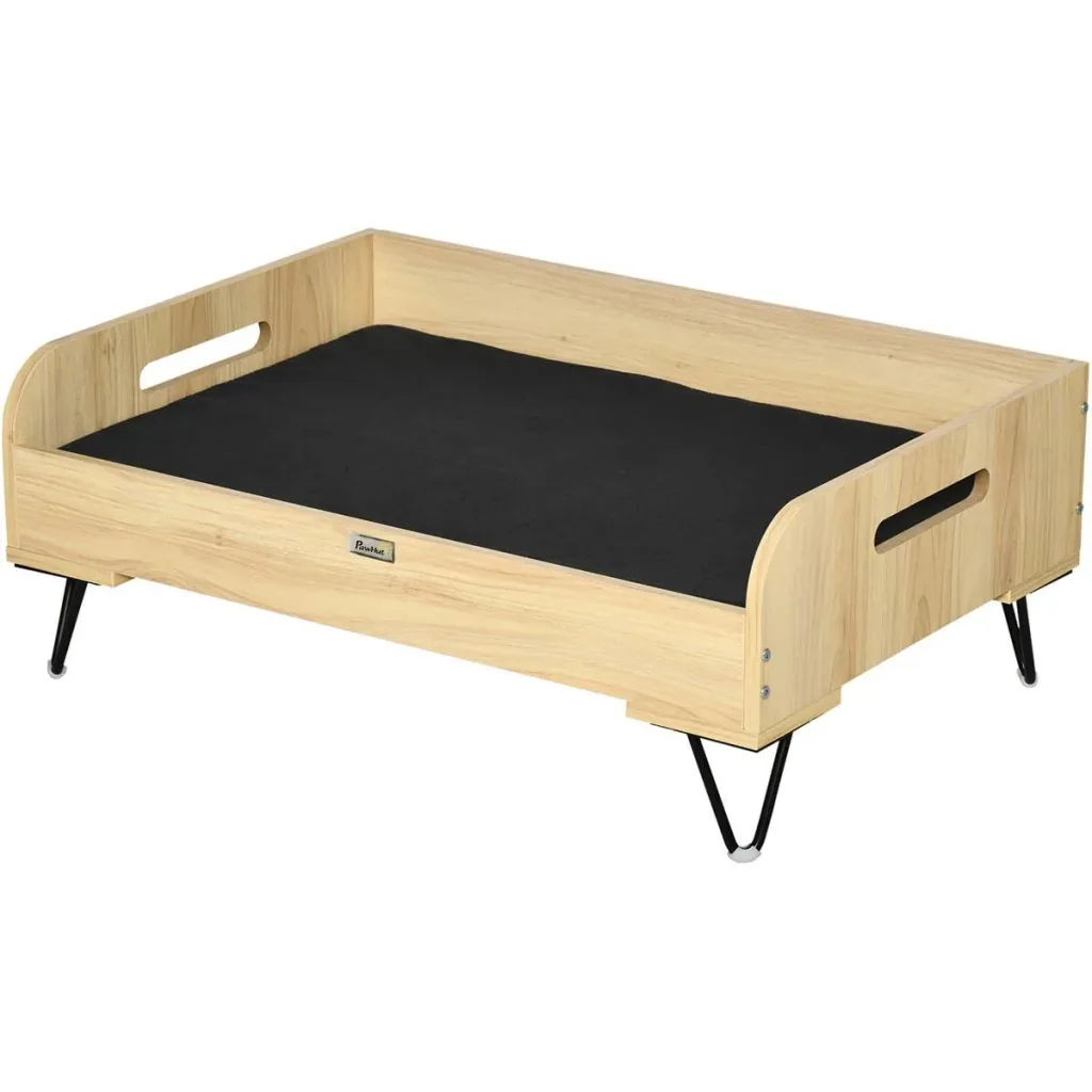 Hundehochbett mit Schutzrand und Transportgriffen, Eiche+Schwarz, 82 x 56 x 31,5 cm
