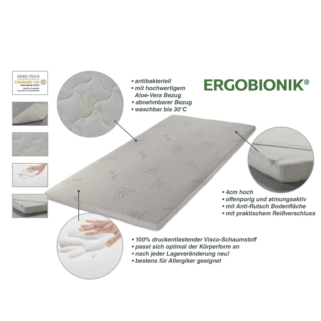 Memory Foam Matratzenauflage, Aloe Vera, 90x200x4cm