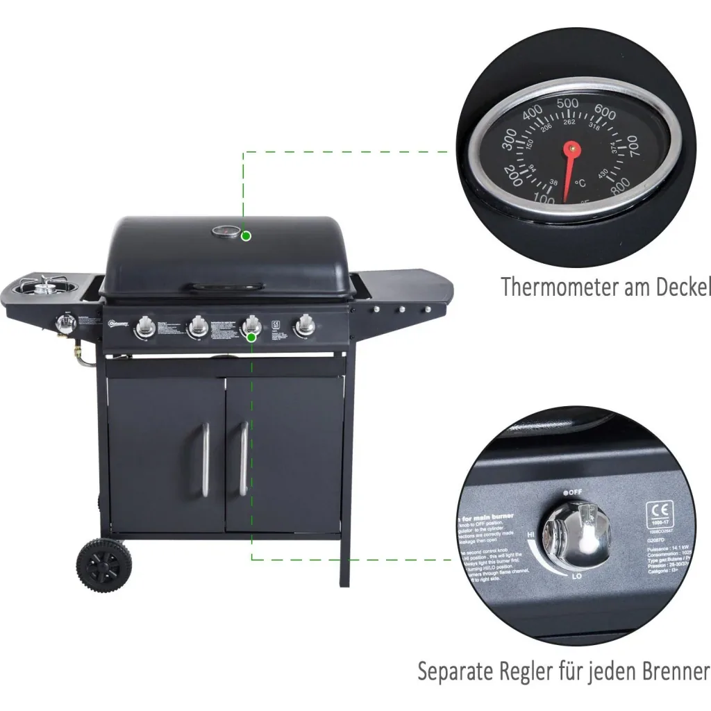 Gasgrill Grillwagen Außenküche Standgrill BBQ mit 4 x Brenner Thermometer Edelstahl 122 x 55 x 98 cm
