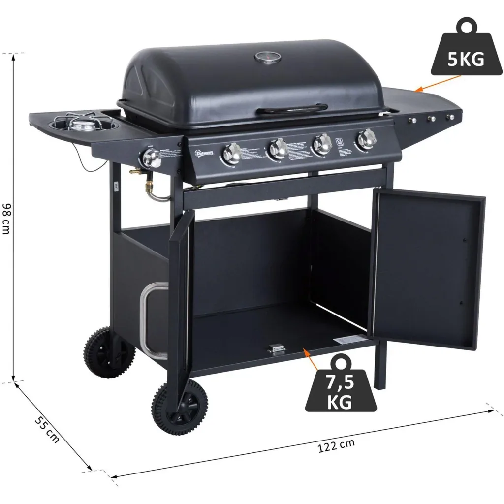 Gasgrill Grillwagen Außenküche Standgrill BBQ mit 4 x Brenner Thermometer Edelstahl 122 x 55 x 98 cm