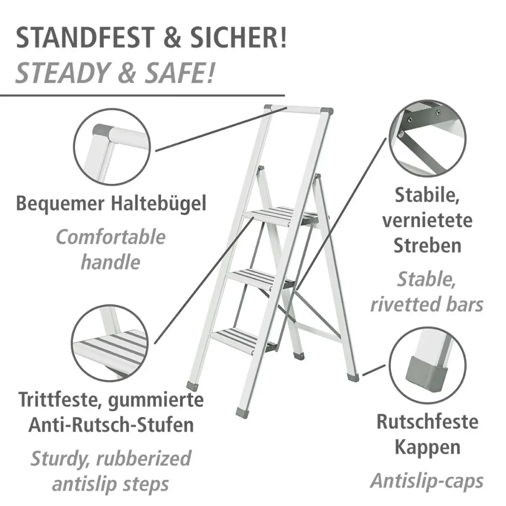 Alu-Design Klapptrittleiter 1-stufig Weiß, rutschfeste Haushaltsleiter, Sicherheits-Stehleiter