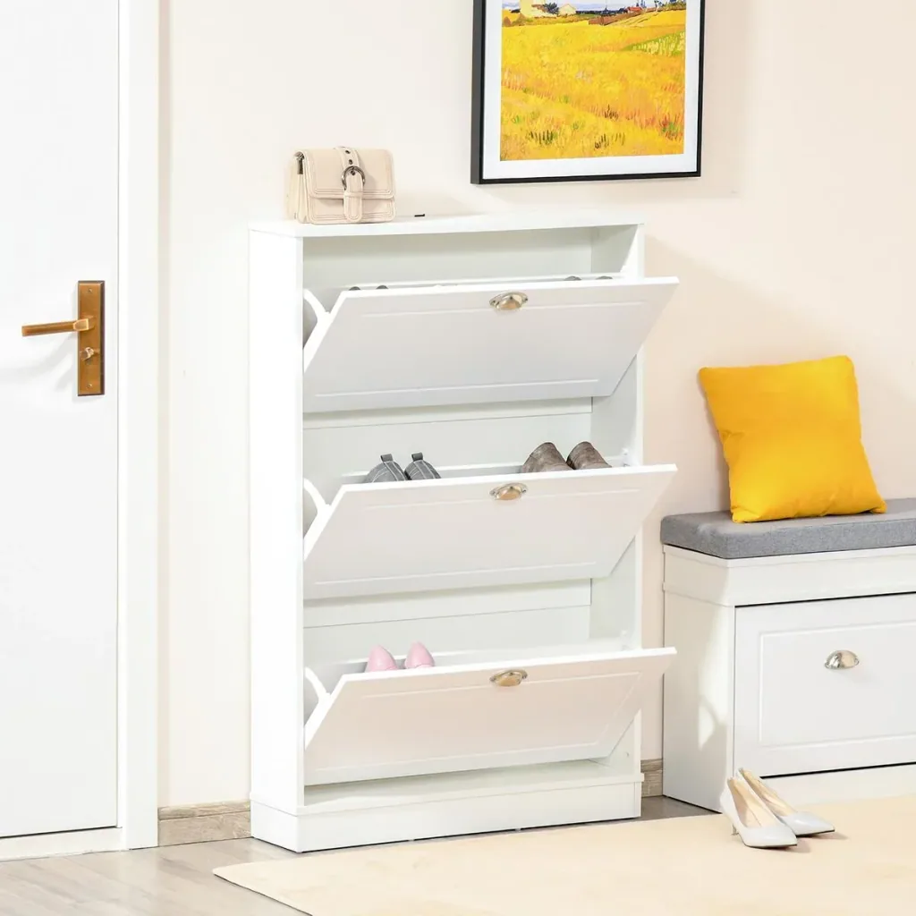 Schuhschrank Schuhregal geräumig hölzern mit Türen und Regalen Spanplatte Weiß 76,2 x 19 x 116,8 cm