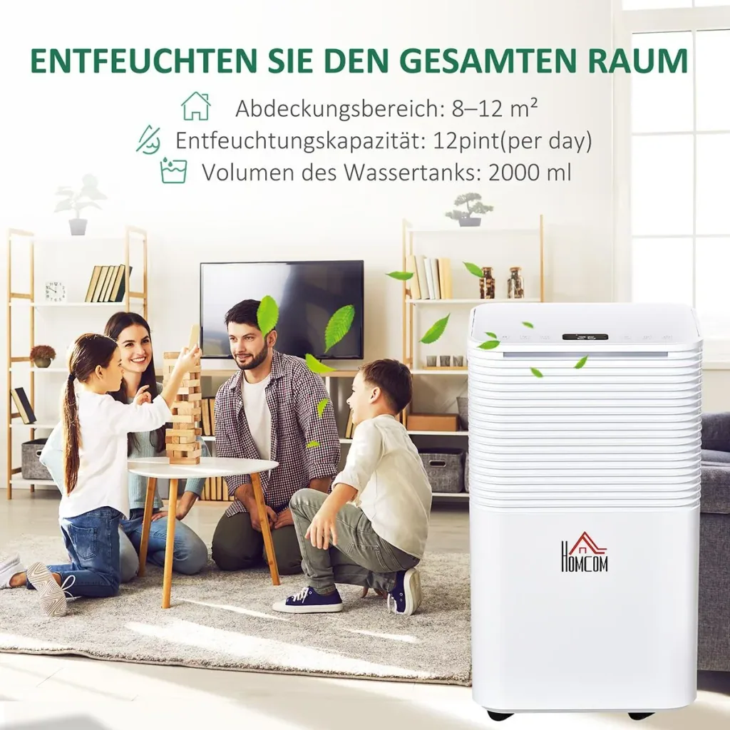 Luftentfeuchter 18-28 12 L / 24 h elektrischer Luftentfeuchter 2000 ml mit Rädern ABS weiß 22 x 25 x 44,5 cm