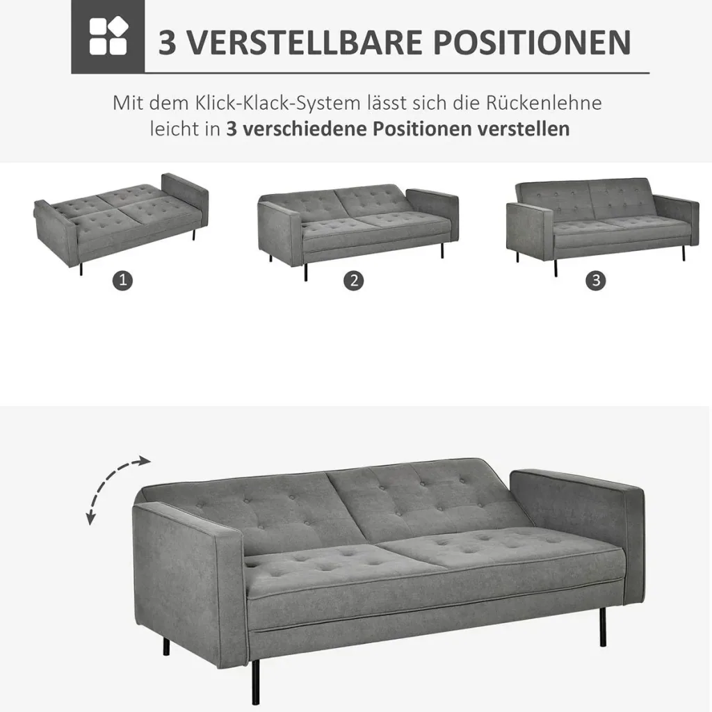 Schlafsofa 3-Sitzer Schlafcouch Stoffsofa Sofa mit Schlaffunktion Bettsofa mit Bettkasten verstellbarer Winkel Vintage E