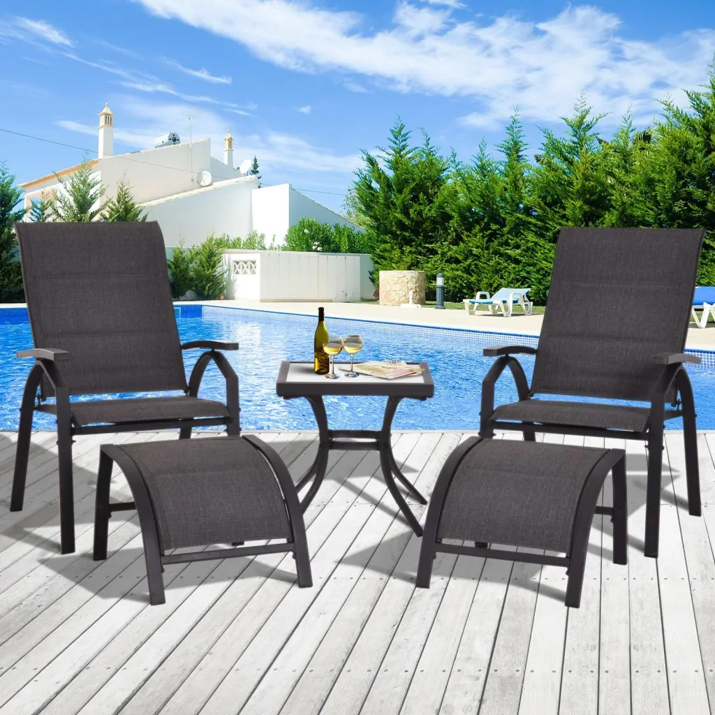 5 tlg, Gartengarnitur Gartensitzgruppe Gartentischset Gartenliege gepolstert Schwarz 2 x Sessel 2 x Hocker 1 x Tisch