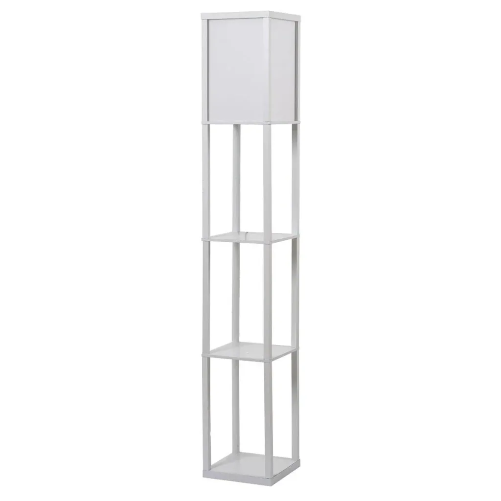 Stehleuchte Stehlampe mit 3 Regalen Innenbeleuchtung E27 bis 40W für Wohn-/Schlafzimmer E1-MDF, Acryl Weiß 26 x 26 x 160