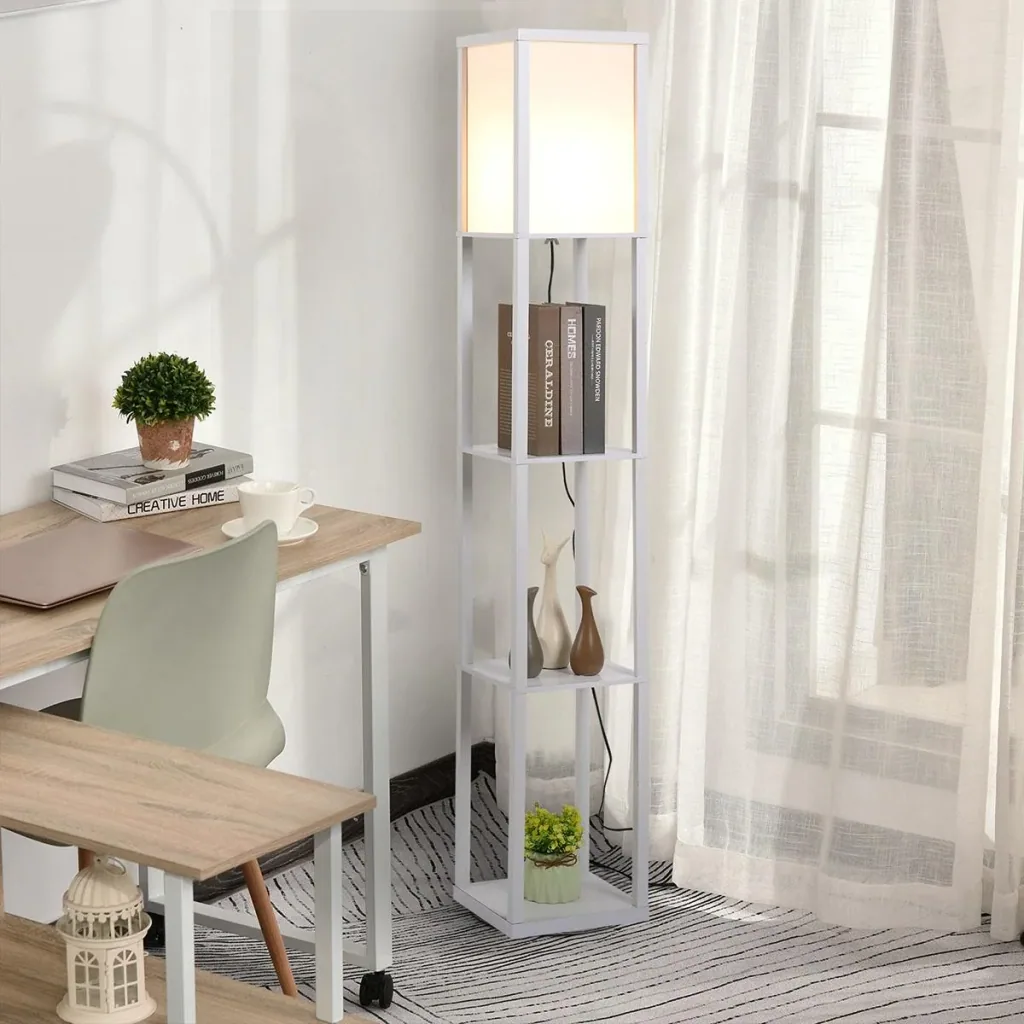 Stehleuchte Stehlampe mit 3 Regalen Innenbeleuchtung E27 bis 40W für Wohn-/Schlafzimmer E1-MDF, Acryl Weiß 26 x 26 x 160