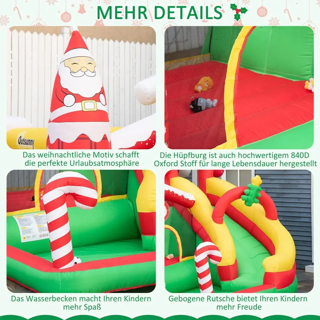 Weihnachten Aufblasbare Hüpfburg für 3 Kinder Springburg mit Gebläse für 3-8 Jahre Rot+Grün+Weiß 290 x 280 x 220 cm