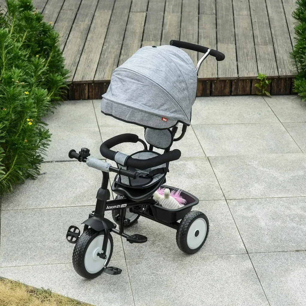 6 in 1 Kinderdreirad Dreirad Kinder Fahrrad Rad Kinderwagen Schubstange Sonnendach Sicherheitsgurt 6-60 Monate Grau+Schw