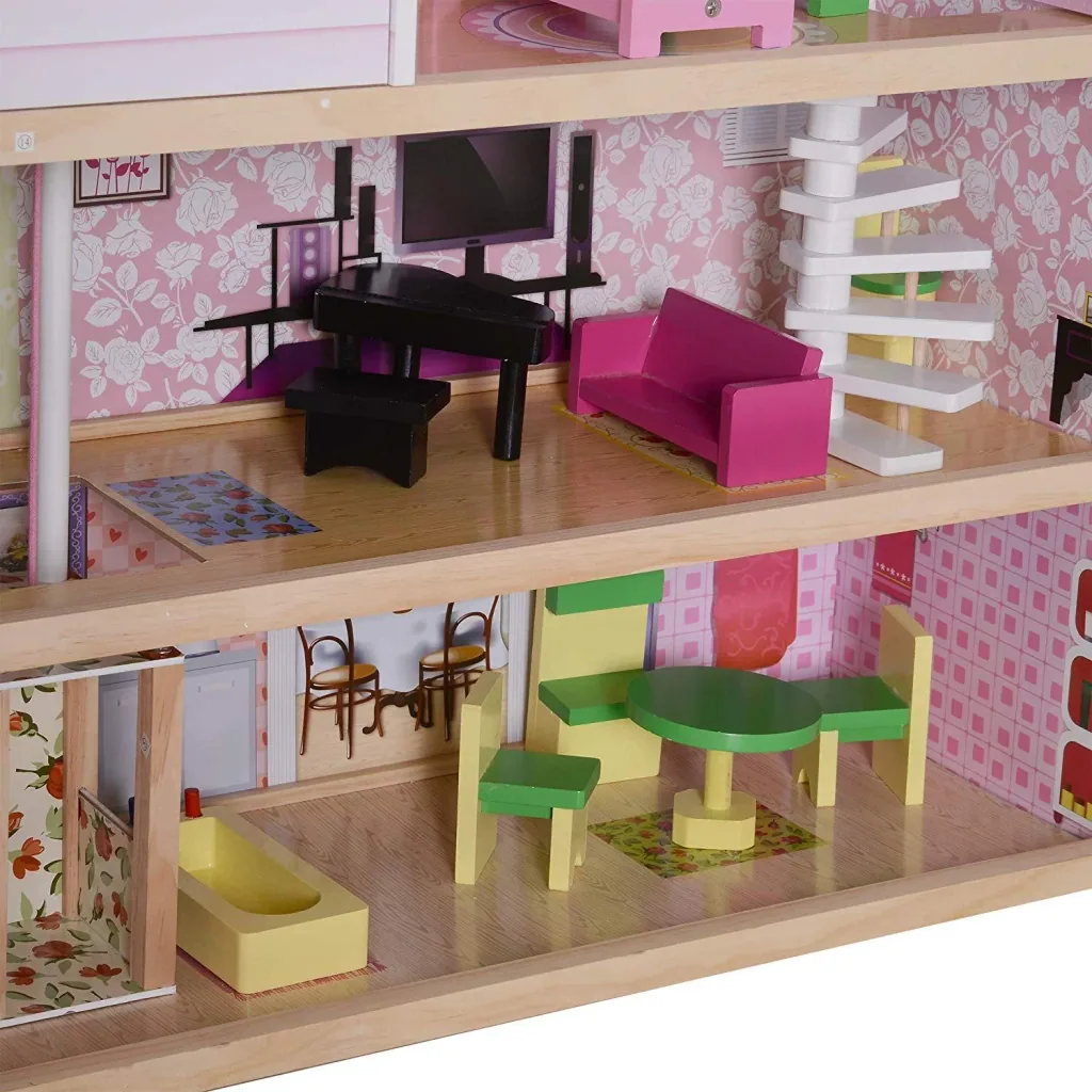 Kinder Puppenhaus Puppenstube Barbiehaus Dollhouse 3 Etagen mit Möbeln L60 x B30 x H71