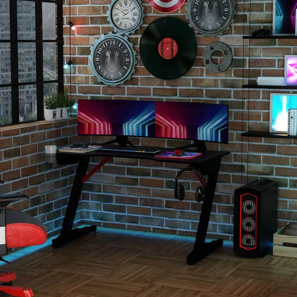 Gaming-Tisch Spieltisch mit LED-Licht Schreibtisch mit Kopfhörerhaken Getränkehalterung Computertisch MDF Metall ABS Sc