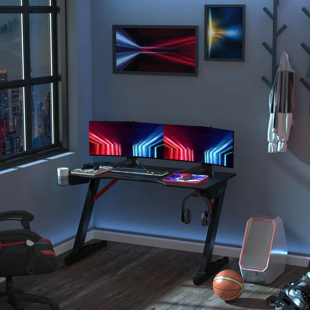 Gaming-Tisch Spieltisch mit LED-Licht Schreibtisch mit Kopfhörerhaken Getränkehalterung Computertisch MDF Metall ABS Sc