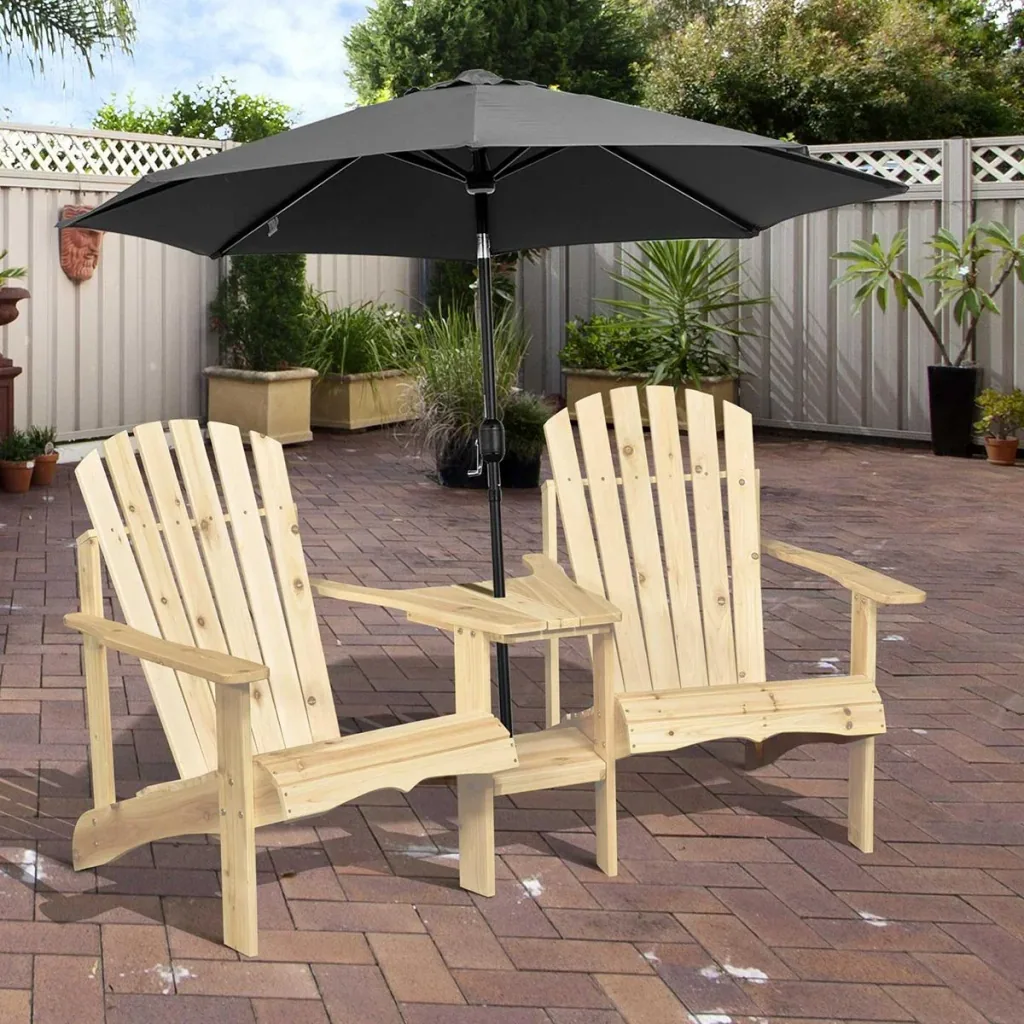 Adirondack Gartenstuhl mit Tisch und Schirmloch 2 Sitzer Gartensessel Sitzgruppe Gartenmöbel für Balkon Massivholz Natur