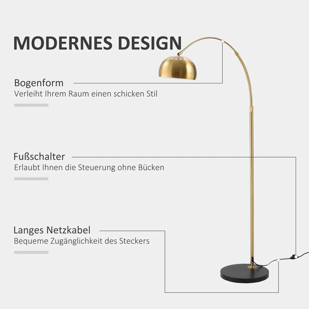 Bogenlampe Stehlampe Wohnzimmer mit vergoldeter Lampenschirm Stehleuchte 40W Bogenleuchte mit E27 Fassung Schirm für Sch