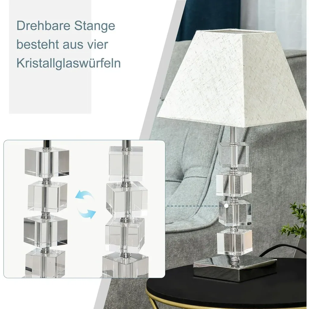 Tischlampe mit Kristallsockel cremeweiß
