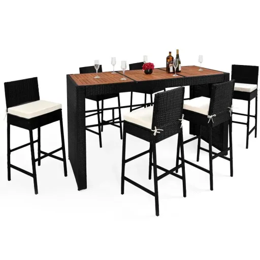 Polyrattan Bar Set 13 tlg. - Tischplatte Akazienholz - inkl. Stuhlbezug