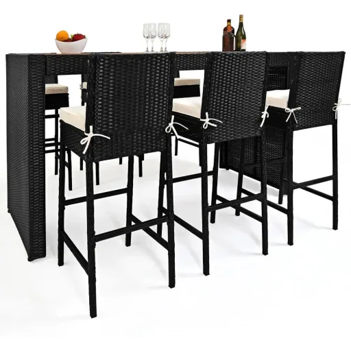 Polyrattan Bar Set 13 tlg. - Tischplatte Akazienholz - inkl. Stuhlbezug