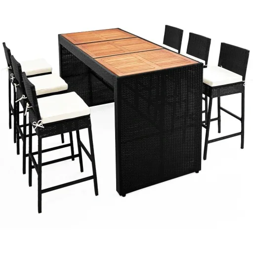 Polyrattan Bar Set 13 tlg. - Tischplatte Akazienholz - inkl. Stuhlbezug
