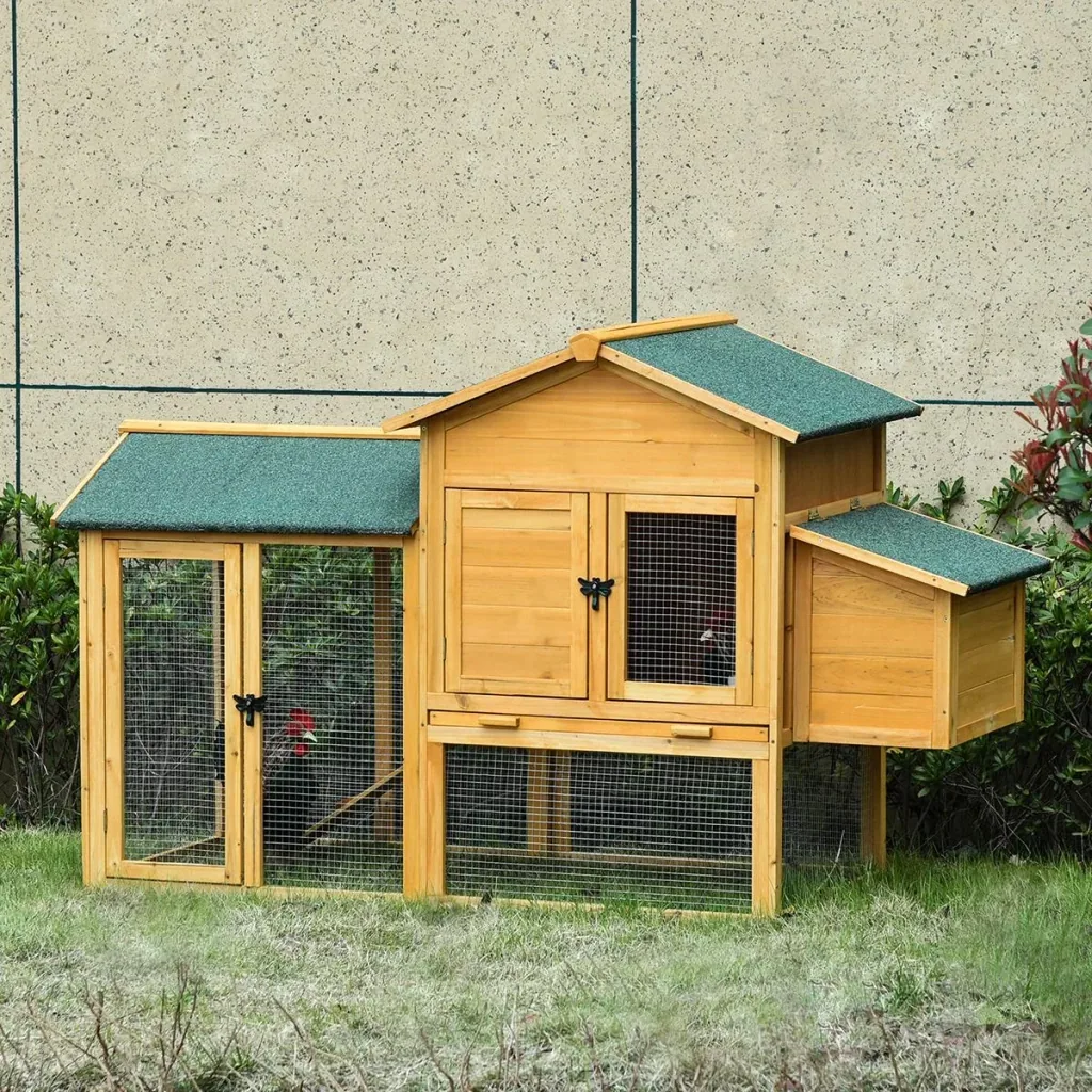 Hühnerstall Hühnerhaus mit Auslauf Geflügelstall mit Stange Fenster Nistkasten Tannenholz Gelb+Grün 168x75x103 cm
