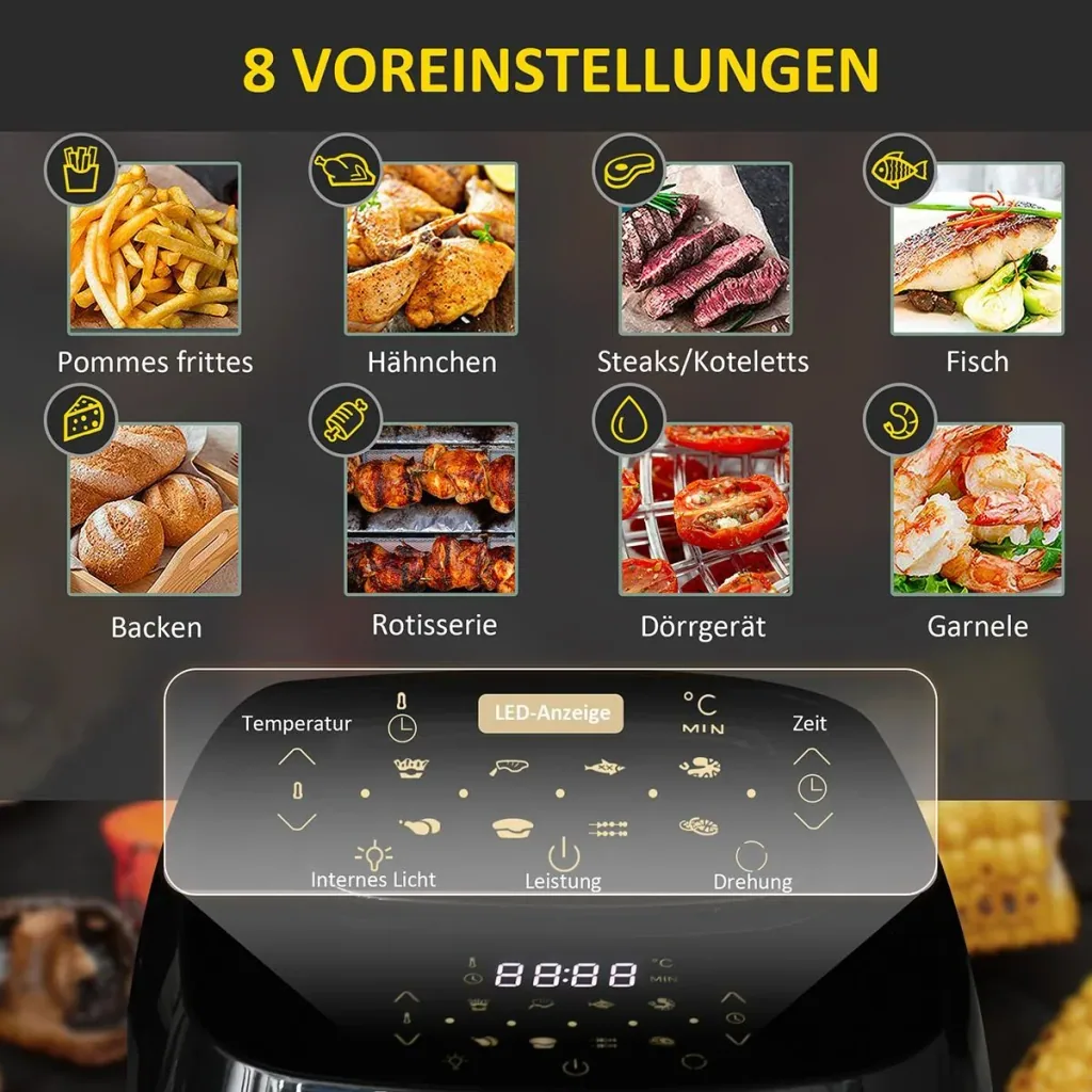 Heißluftfritteuse 11 L 1800W mit 8 Menüs Zubehör Stahl Schwarz 32 x 35,6 x 37,9 cm