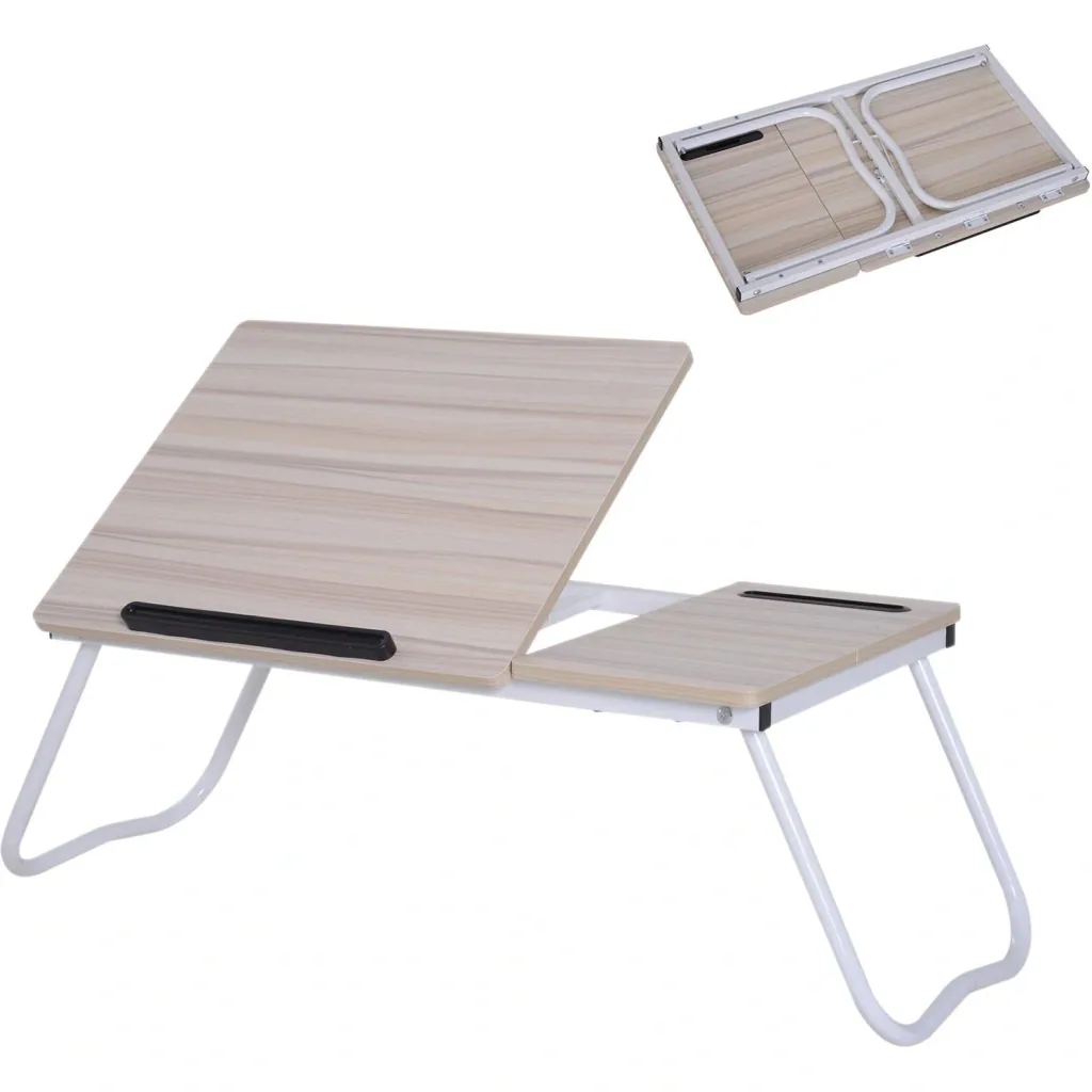 Laptoptisch Betttisch Serviertablett Frühstückstisch verstellbar Spanplatte + Metall Natur + Weiß 64 x 36 x 27 cm