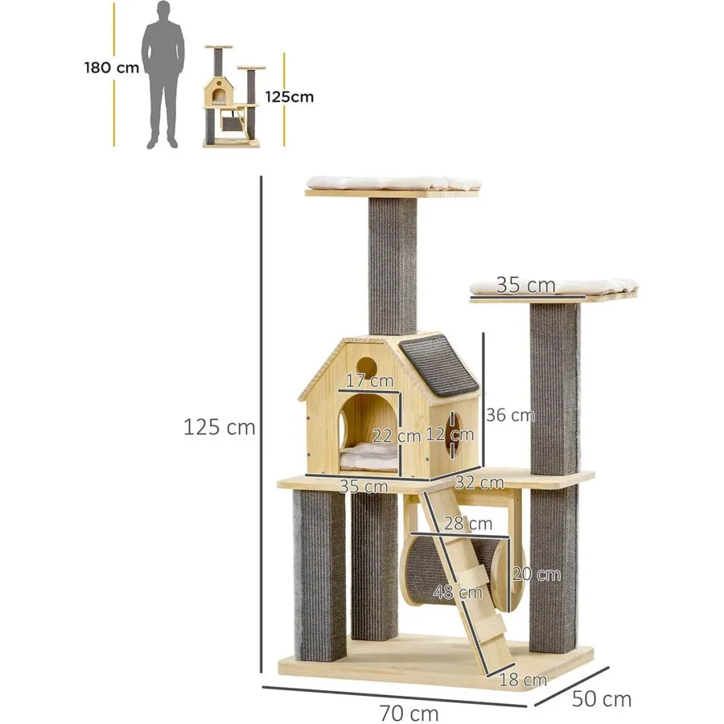 Spielplattform für Katzen - mit Haus und Leiter - Holz/Grau - 70 x 50 x 125 cm
