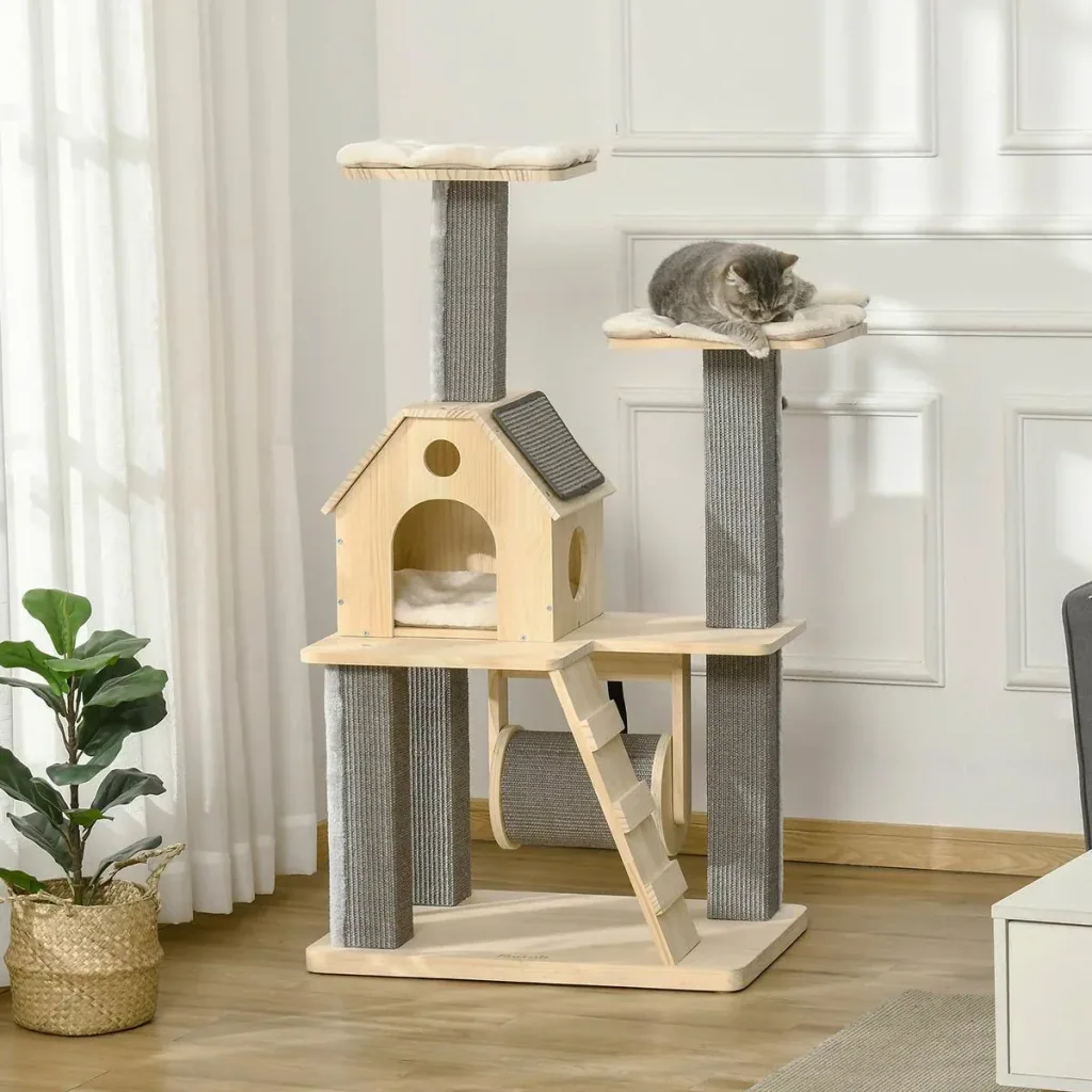 Spielplattform für Katzen - mit Haus und Leiter - Holz/Grau - 70 x 50 x 125 cm