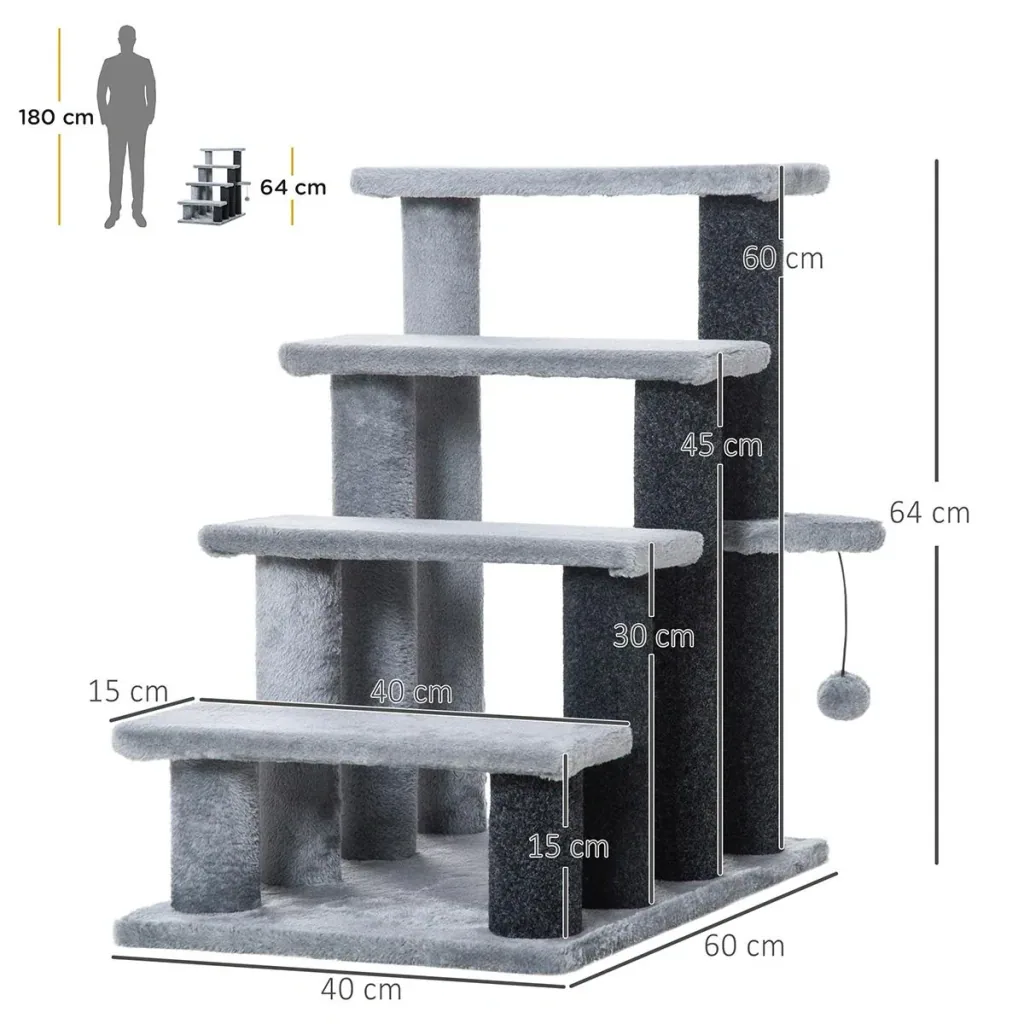 Haustiertreppe mit Kratzbaum Ball 4-stufige Katzentreppe Hundetreppe Tiertreppe Spanplatte Plüsch Jute Grau 60 x 40 x 64
