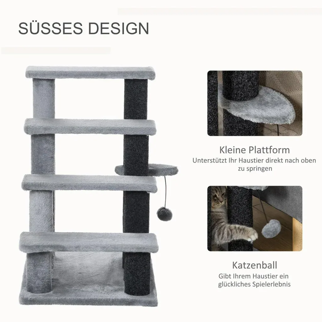 Haustiertreppe mit Kratzbaum Ball 4-stufige Katzentreppe Hundetreppe Tiertreppe Spanplatte Plüsch Jute Grau 60 x 40 x 64