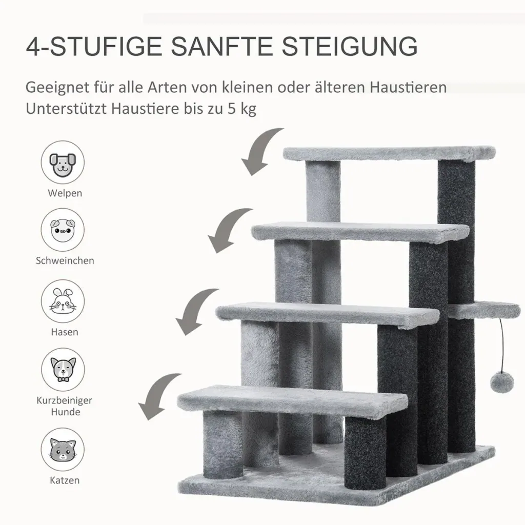Haustiertreppe mit Kratzbaum Ball 4-stufige Katzentreppe Hundetreppe Tiertreppe Spanplatte Plüsch Jute Grau 60 x 40 x 64